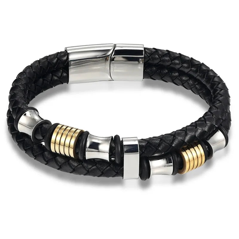 TYO Fashion Stainless Steel Charm Magnetic Black Men Bracelet Leather Genuine Braided Punk Rock Bangles Jewelry Accessories - Madeinsea©