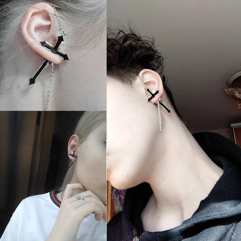 2Pcs Vintage Black Cross Earrings Punk Goth Long Chain Harajuku Streetwear Unisex Stud Earrings For Women Men Korean Jewelry