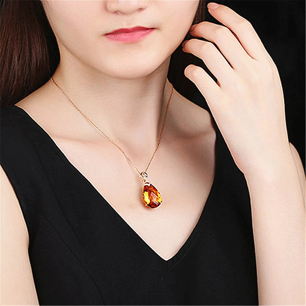 Luxury big carats water drop crystal citrine gemstones diamonds pendant necklaces for women 14k gold color jewelry bijoux gifts - Madeinsea©