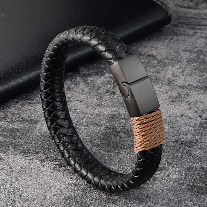 Bracelet MKENDN vintage en cuir noir, style punk, fermoir magnétique en acier inoxydable, jonc tressé, bijou tendance pour homme, cadeau idéal pour une soirée
