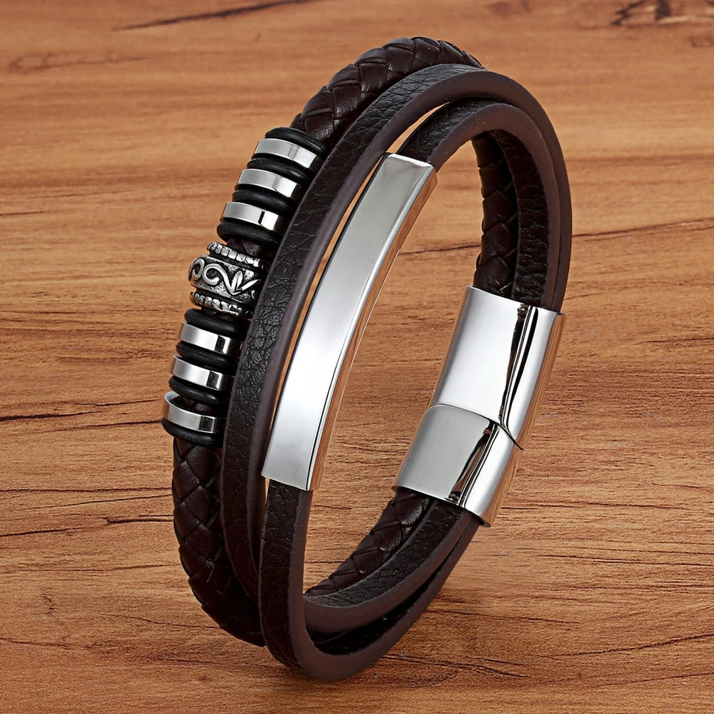 TYO Bracelet for Men Multilayer Genuine Leather Bangles Magnetic Clasp Cowhide Braided Multi Layer Wrap Trendy Bracelet Armband
