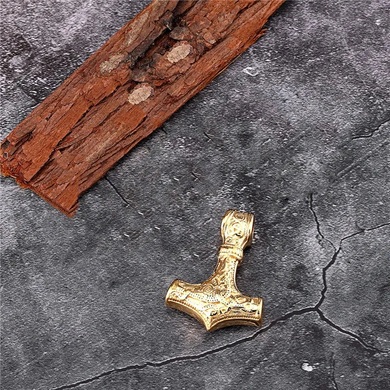 MKENDN Stainless Steel Norse Vikings Thor's Hammer Mjolnir Scandinavian Rune Amulet Pendant Necklace with Chain As Men Punk Gift