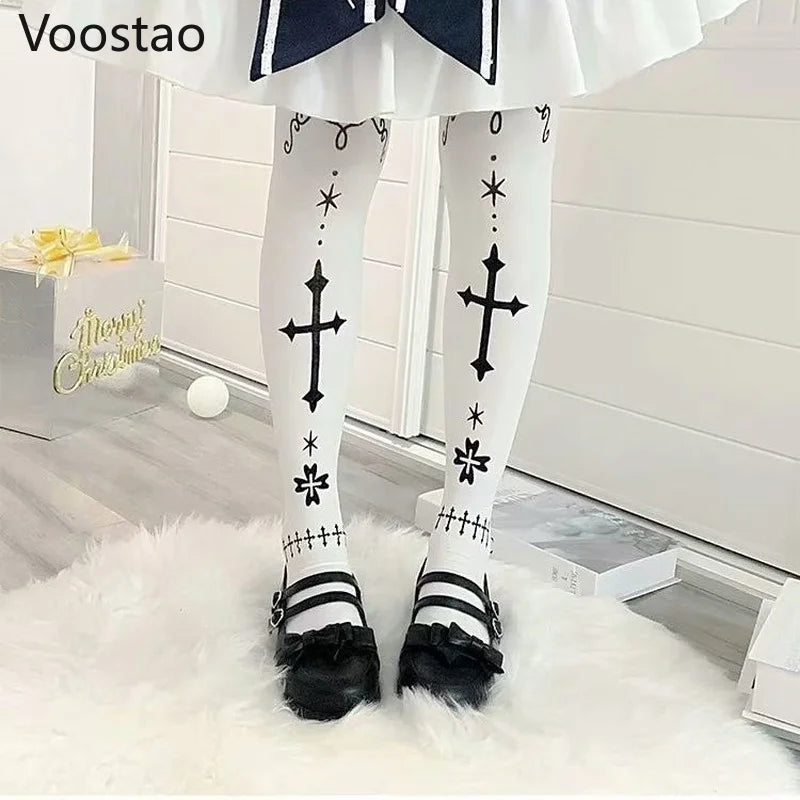 Japanese Gothic Lolita Stockings Girls Sweet Harajuku Cute Bear Rabbit Print Velvet Tights Fashion Female White Kawaii Stockings