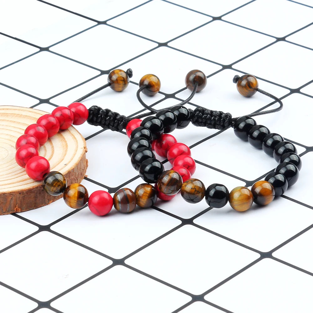 2Pcs Adjustable Braided Natural Stone Beads Bracelets&Bangles For Couples Women Men Tiger Eye Lava Bracelet Yoga Jewelry Pulsera