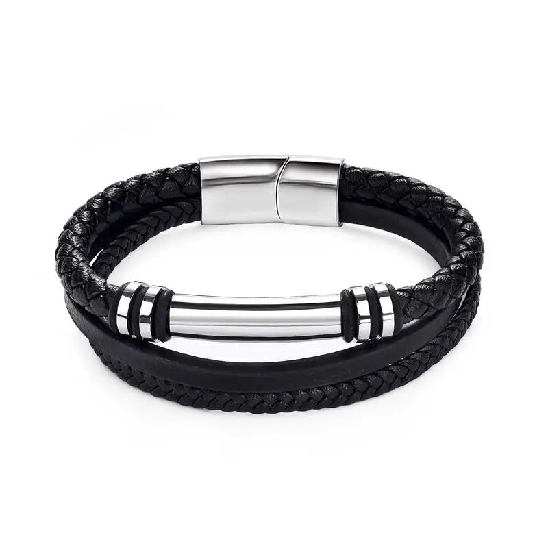 Multilayer Stainless Steel Insert Bracelet Viking Leather Bracelets for Men Punk Jewelry Homme Accessories custom logo