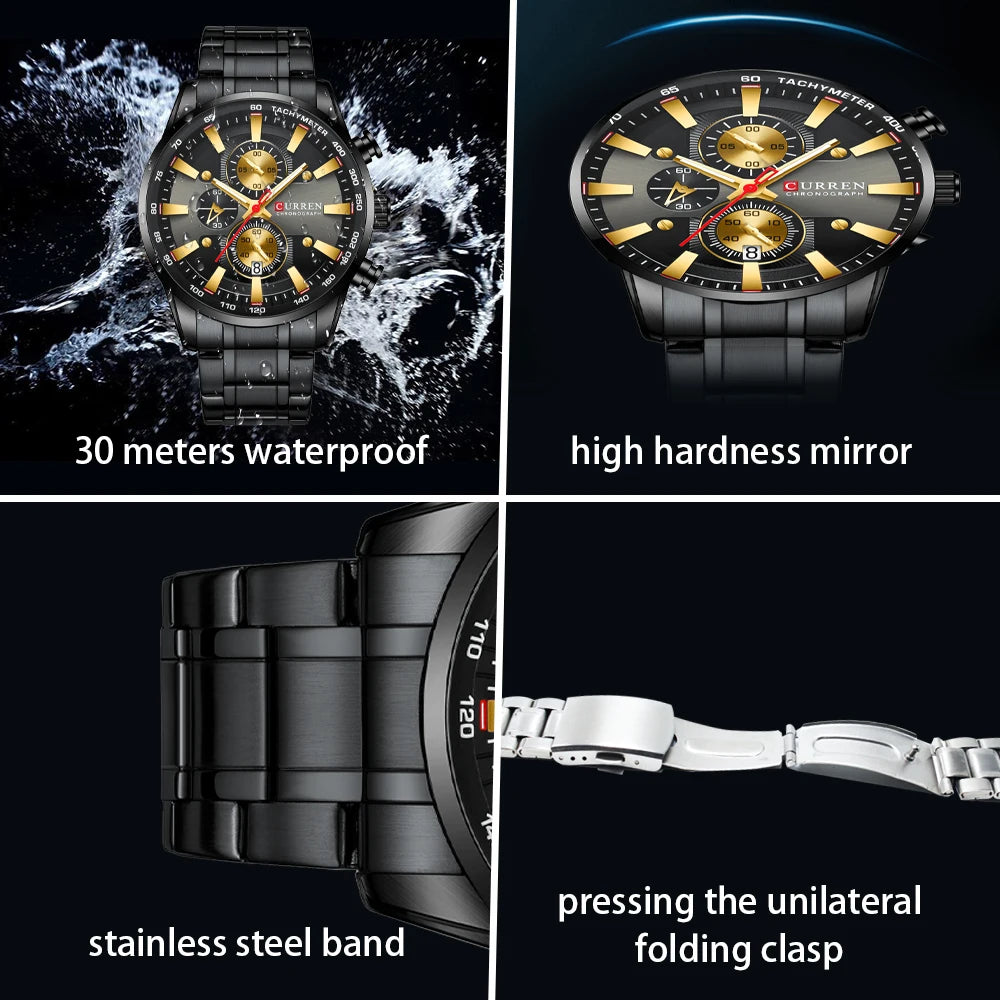 CURREN Man Watches Luxury Sporty Chronograph Wristwatches for Men Quartz Stainless Steel Band Clock Luminous Hands - Madeinsea©