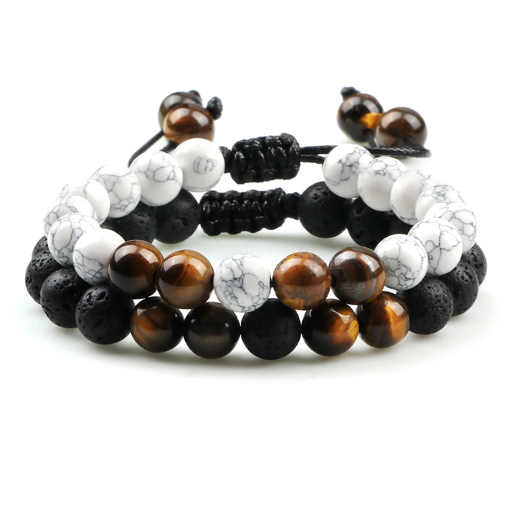 2Pcs Adjustable Braided Natural Stone Beads Bracelets&Bangles For Couples Women Men Tiger Eye Lava Bracelet Yoga Jewelry Pulsera