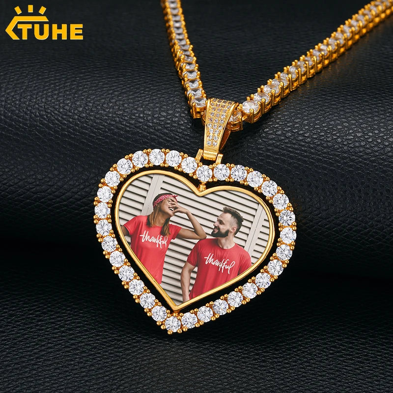 Custom Made Copper Cubic Zirconia Pendant Memory Medallions Double-Sided Photo Heart Pendant Necklace For Men Hip Hop Jewelry