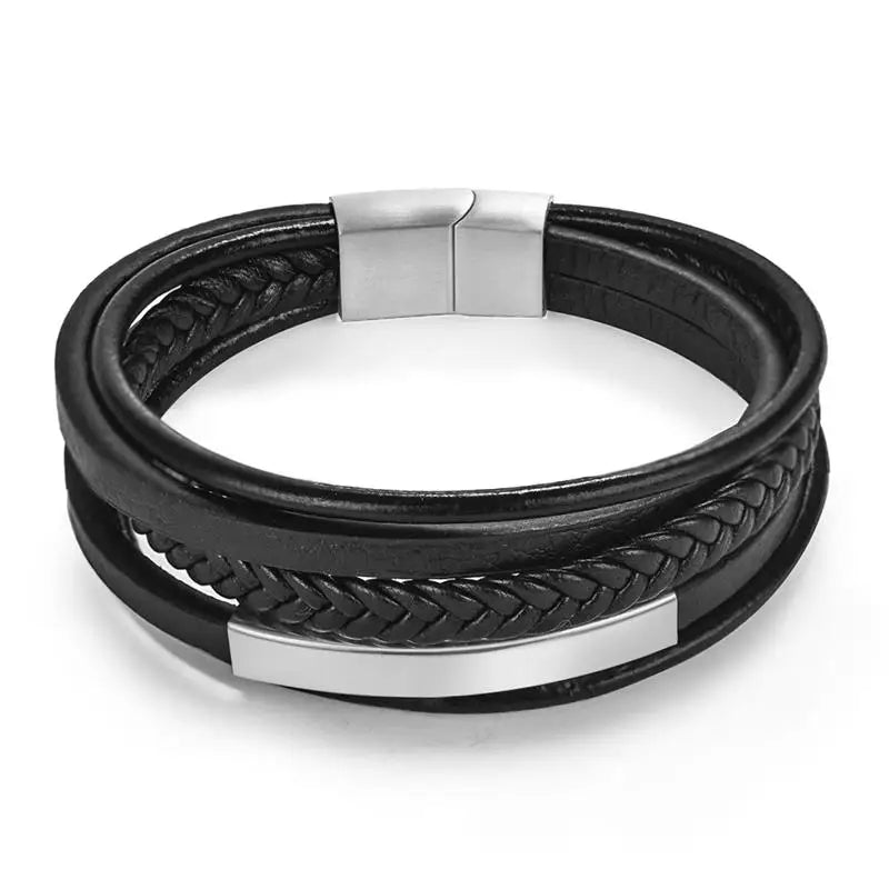 Multilayer Stainless Steel Insert Bracelet Viking Leather Bracelets for Men Punk Jewelry Homme Accessories custom logo
