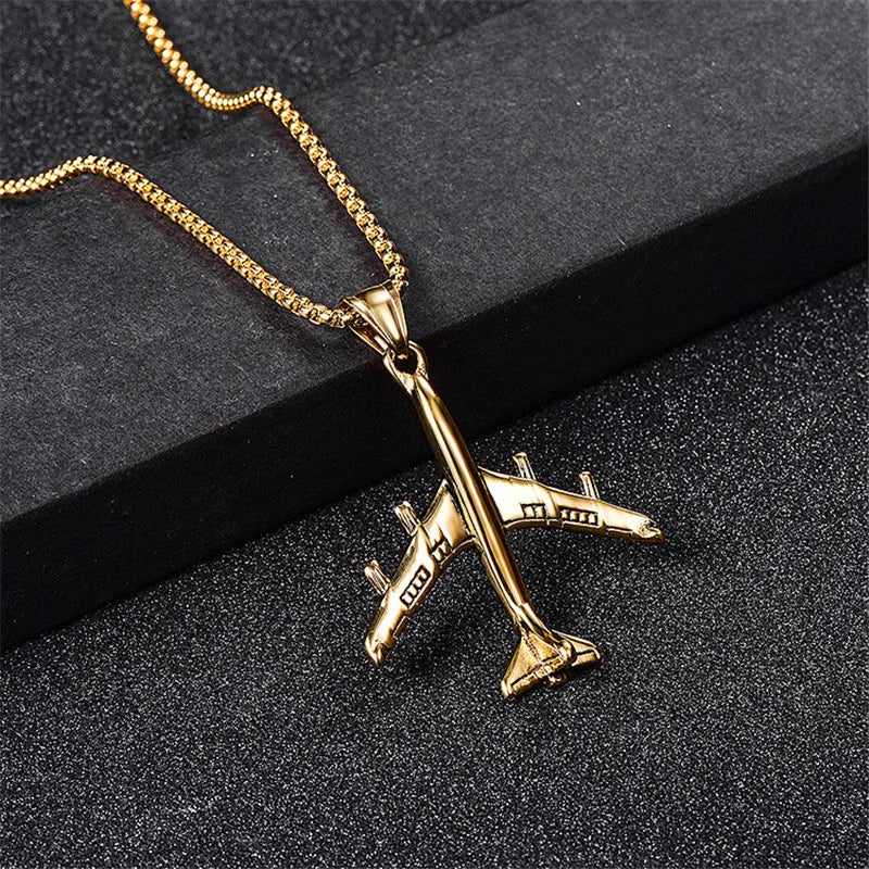 Airplane Pendant Necklace For Women Men Gold Color Stainless Steel Box Link Chain Aircraft Necklace Fashion Wholesale Jewelry
