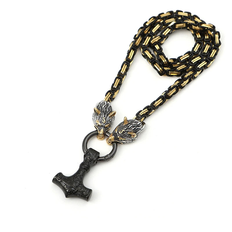 MKENDN Men Stainless Steel Wolf Head Norse Viking Amulet Thor Hammer Pendant necklace Never Fade Black Gold Plated King Chain