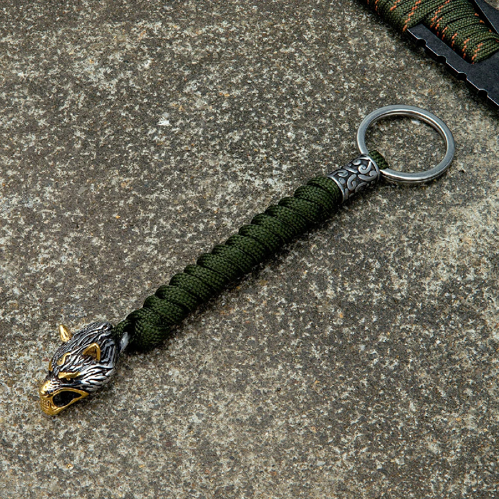MKENDN Antique Viking Wolf Head Bead Paracord Knife Lanyad EDC Tactical Survival Keychain Lanyard Gift For Men - Madeinsea©