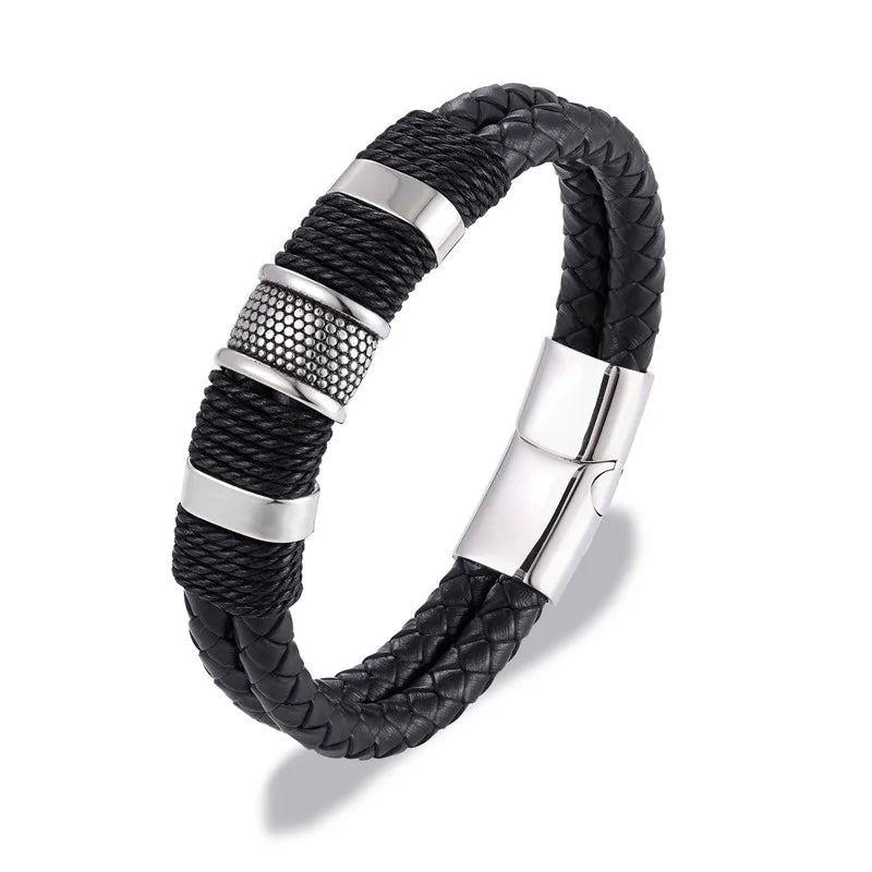 MKENDN Fashion Men Braided Genuine Black Leather Bracelet Stainless Steel Magnetic Buckle Bracelet Gifts Homme Pulseras