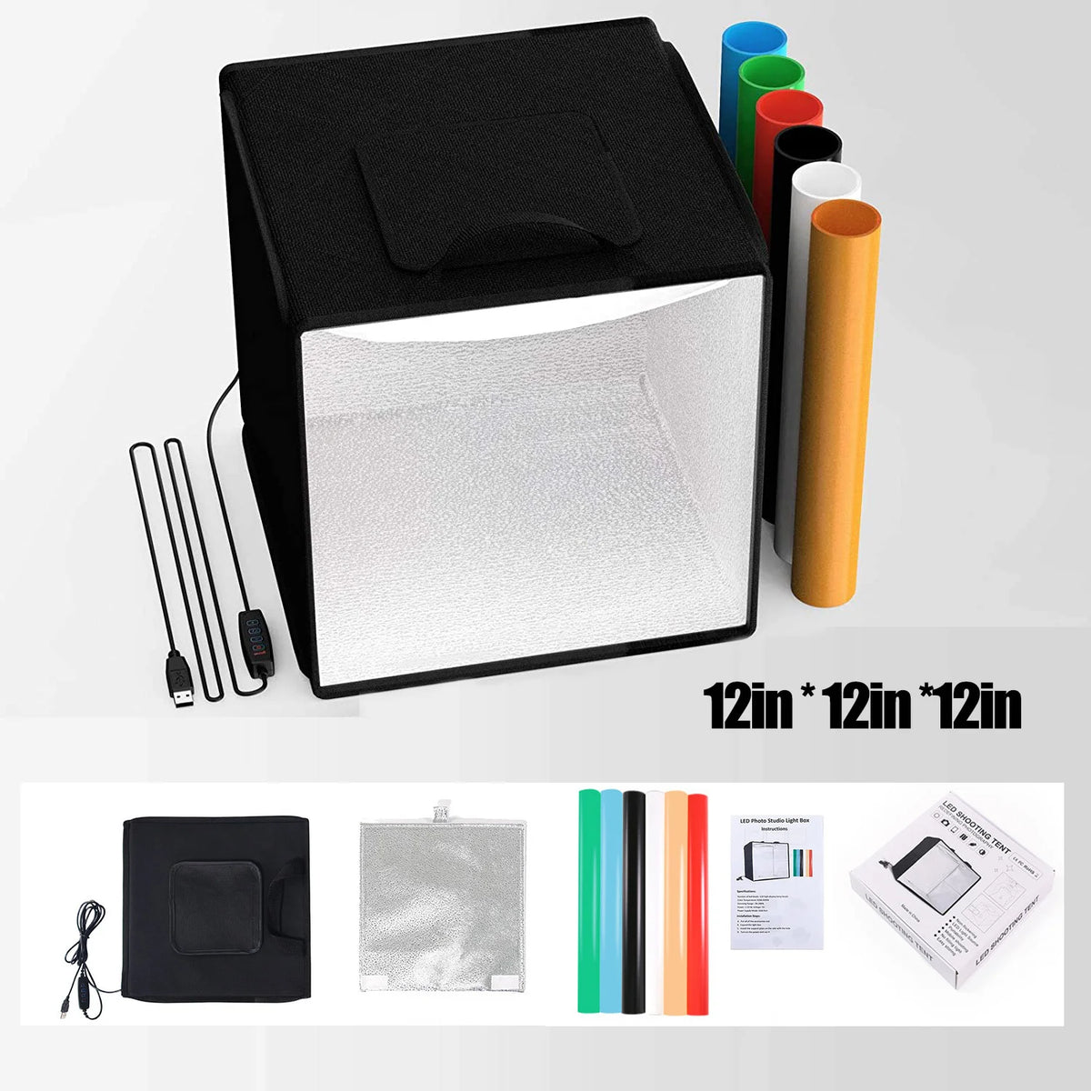 30cm 12in Photo Studio Light Box Photography Adjustable Brightness Shooting Tent Kit With 120 LED Lights 6 Backdrops Small Items