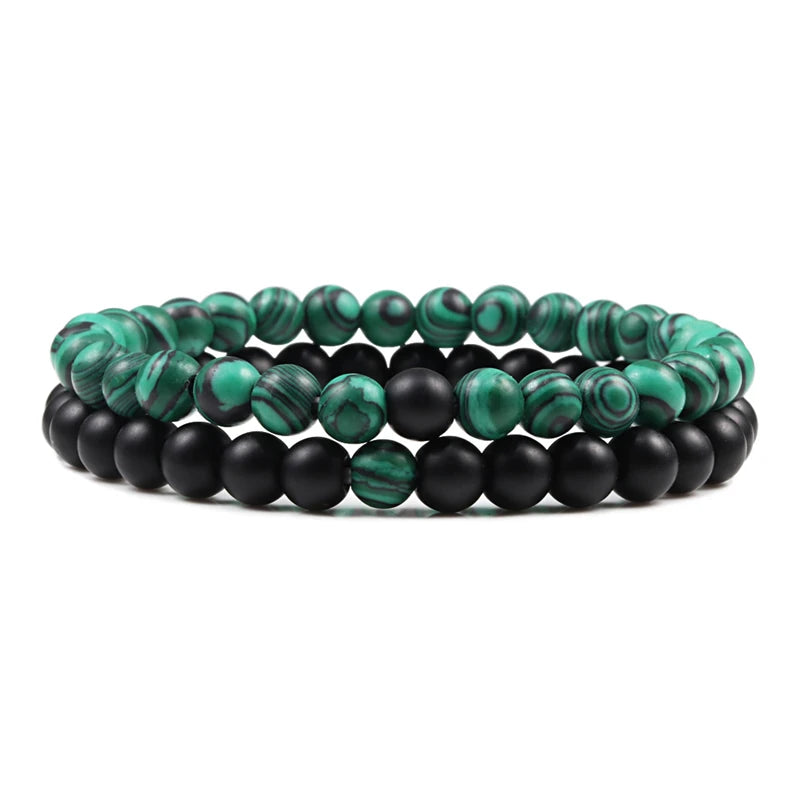 Hot Sale 2pcs/Set Couples Beaded Bracelets Tiger Eye Black Lava Natural Stone Beaded Bracelets Malachite Energy Elastic Jewelry