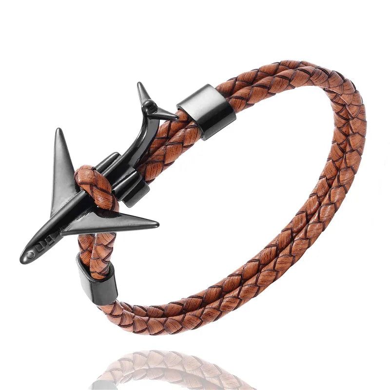 MKENDN Fashion Retro Leather Bracelet Stainless Steel Airplane Anchor Bracelets Men Women Summer Style Wrap Metal Sport Hook