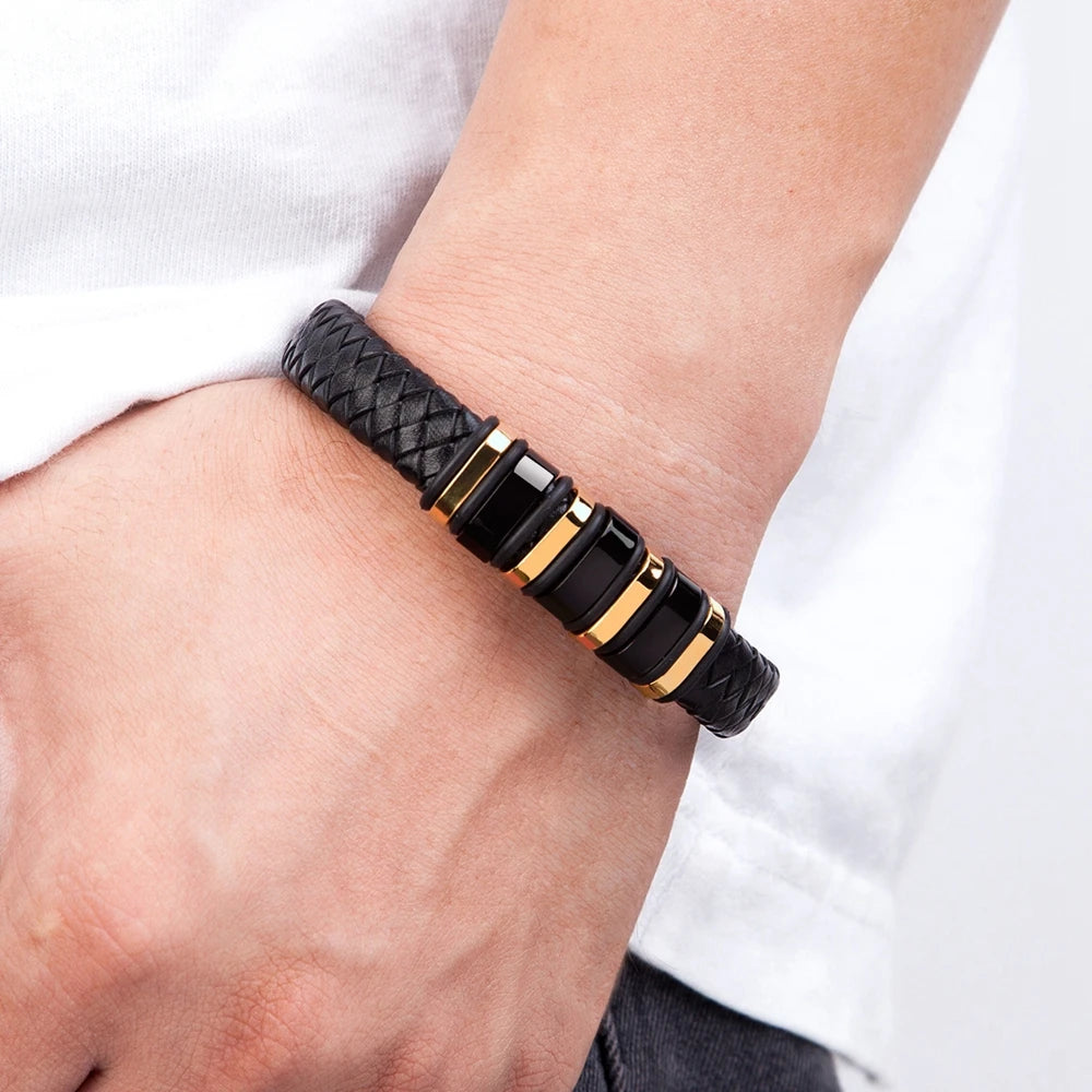 TYO New Fashion Braided Wrap Rope Black Leather Bracelets For Men Simple Stainless Steel Charm Vintage Bangles Jewelry Gift