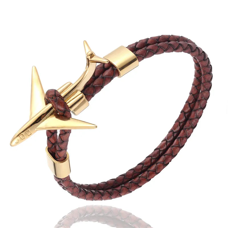 MKENDN Fashion Retro Leather Bracelet Stainless Steel Airplane Anchor Bracelets Men Women Summer Style Wrap Metal Sport Hook