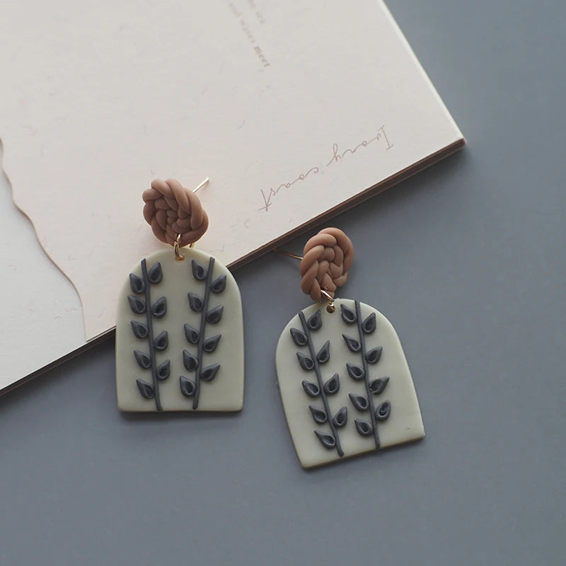 Leaves Heart Earthy Colors Arch Natural Handmade Polymer Clay Braided Pattern Earrings Dangle Sets Women Jewelry Holiday Wear