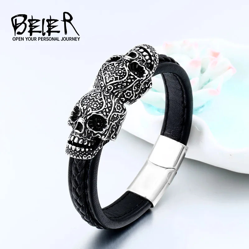 Bracelet en cuir de haute qualité pour homme en acier inoxydable 316L avec double tête de mort punk Beier LLBC-L024L
