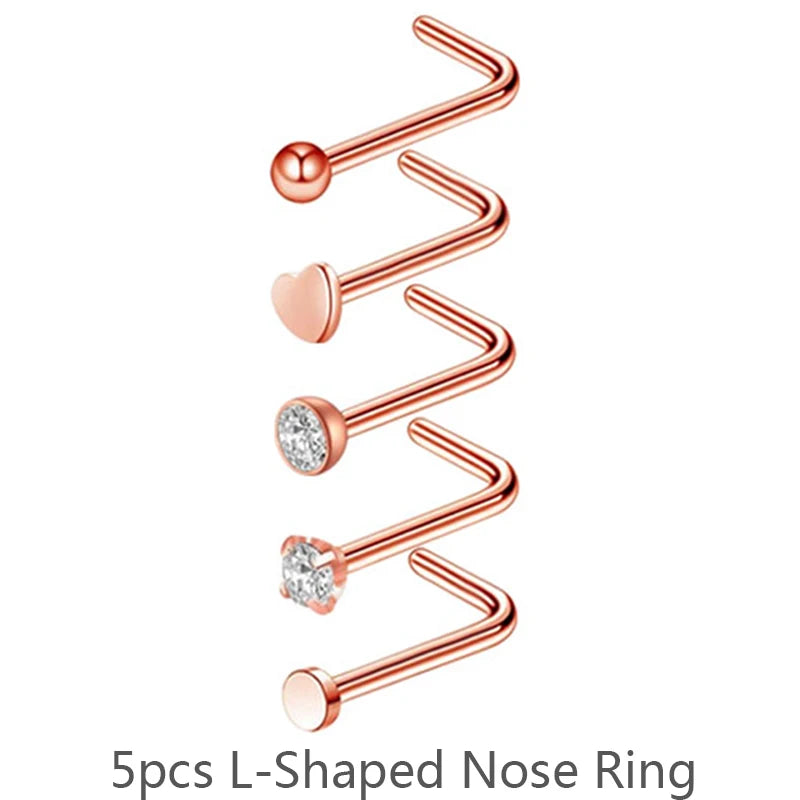 3/4/5/8/21pcs 20G Nose Studs Set Surgical Steel L-Shape Nostril Studs Screws Nose Ring Hoop Body Piercing Jewelry Mixed Styles
