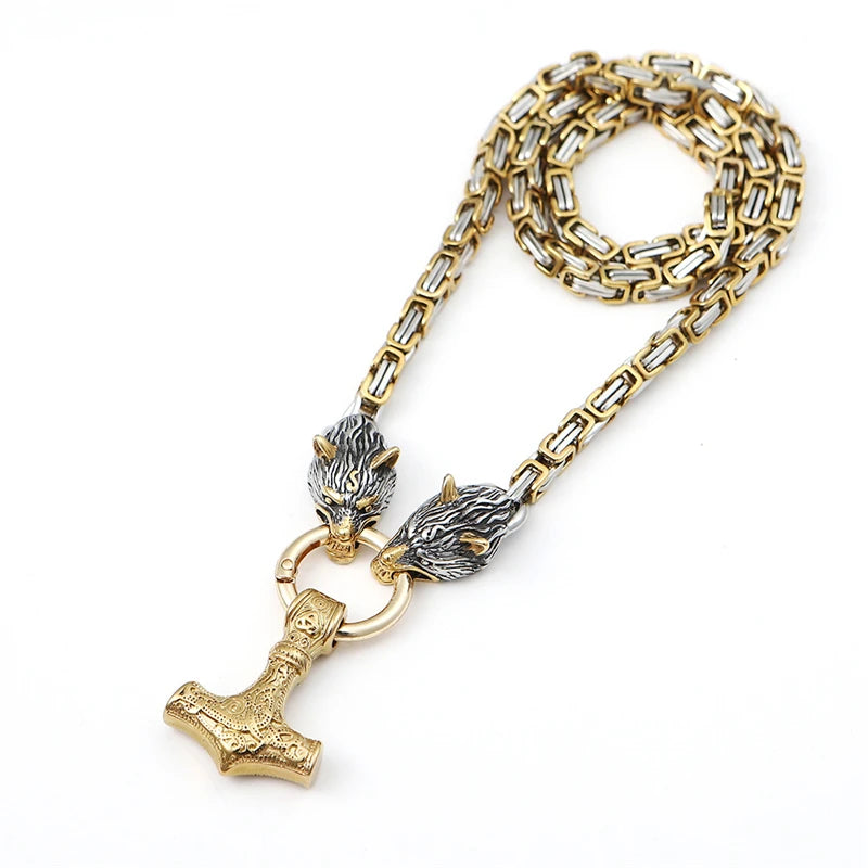 MKENDN Viking Celtic Double Wolf Necklaces Men Stainless Steel Vegvisir Amulet Hammer Pendant Norse Runes Punk Biker Jewelry