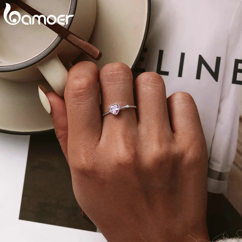 Bamoer Echt 925 Sterling Silber Rosa Liebe CZ Ring Für Mode Frauen Nette Edlen Schmuck Hochzeit Zubehör Geschenk BSR157