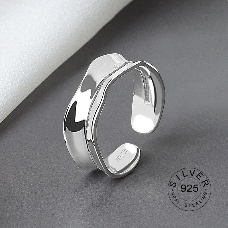 Bague ouverte en argent sterling 925 pour femme, niche INS, vague irrégulière, surface sable, nouilles larges, cadeau original pour fête d'anniversaire