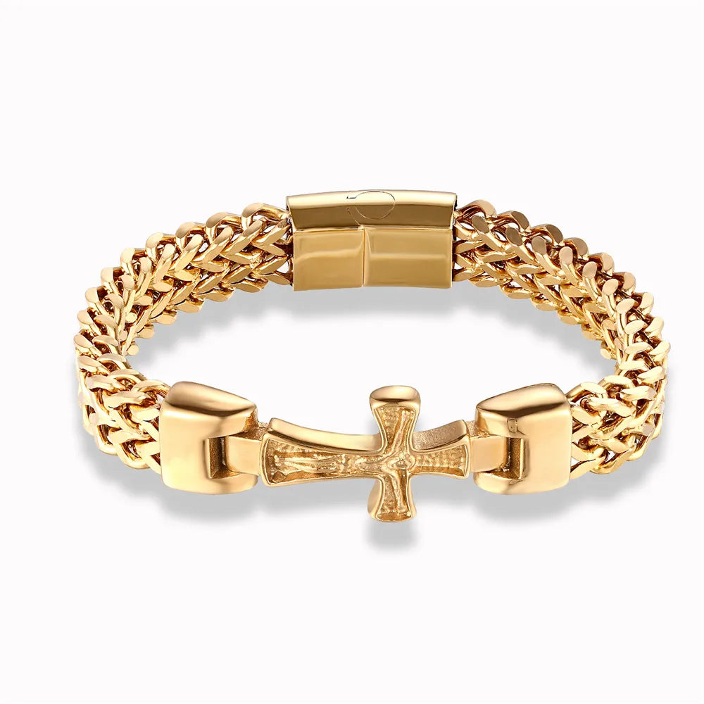 MKENDN Stainless Steel 18k Plated Cross Infinity Charm Biker Chain Bracelet Men Mesh Chain Bangle Hip-Hop Jewelry Accessories