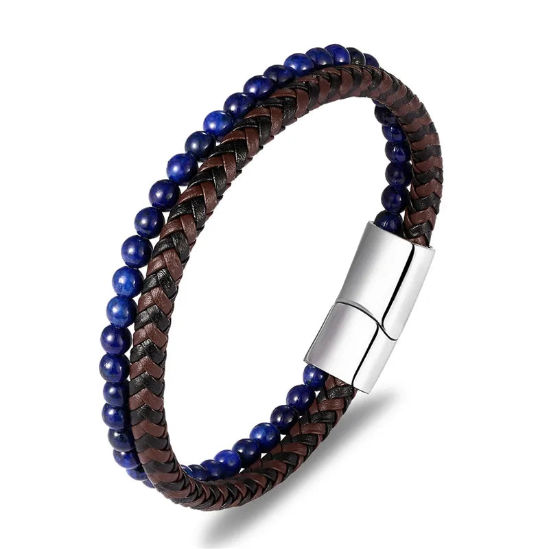 MKENDN Multicolor Natural Stone Classic Stainless Steel Men's Leather Bracelet 19/21/23 cm Choose Handsome Men's Christmas Gift