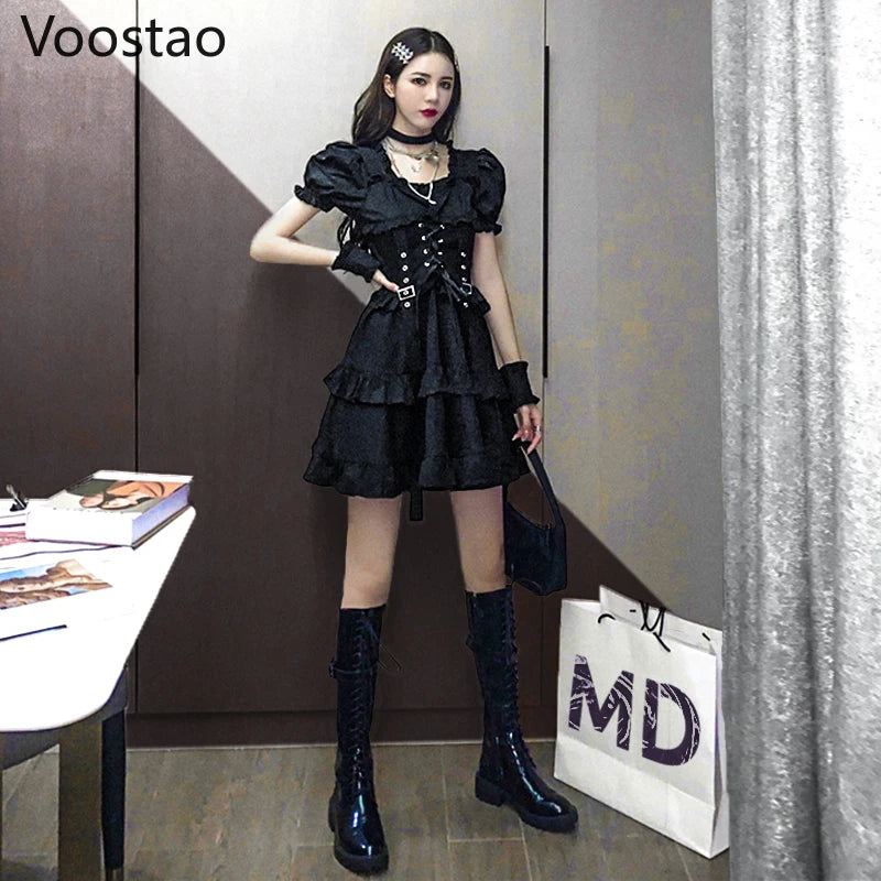 Gothic Lolita Style Dress Summer Women Chic Puff Sleeve Bandage Party Punk Mini Dresses Cool Girls Black Ruffles Tiered Dress