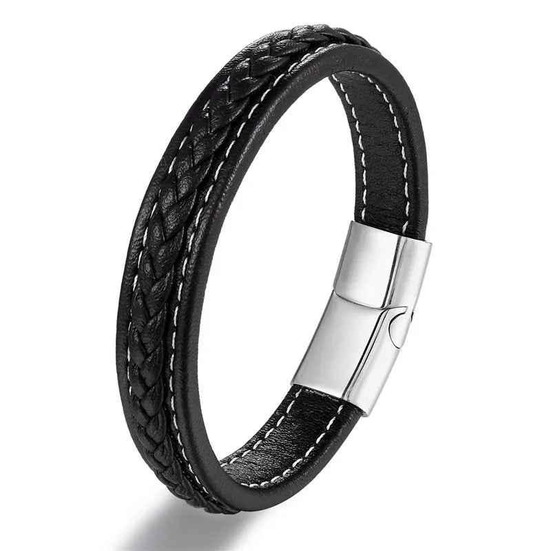 MKENDN Punk Men Jewelry Black Blue Braided Leather Bracelet Stainless Steel Magnetic Clasp Fashion Bangles Male Jewelry