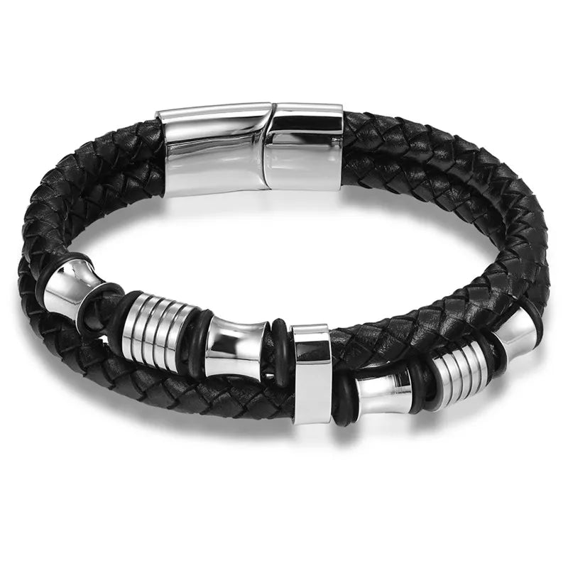 TYO Fashion Stainless Steel Charm Magnetic Black Men Bracelet Leather Genuine Braided Punk Rock Bangles Jewelry Accessories - Madeinsea©
