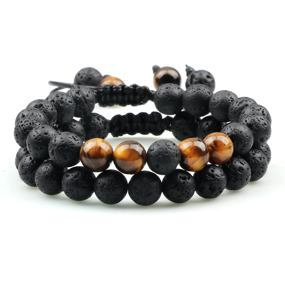 2Pcs Adjustable Braided Natural Stone Beads Bracelets&Bangles For Couples Women Men Tiger Eye Lava Bracelet Yoga Jewelry Pulsera