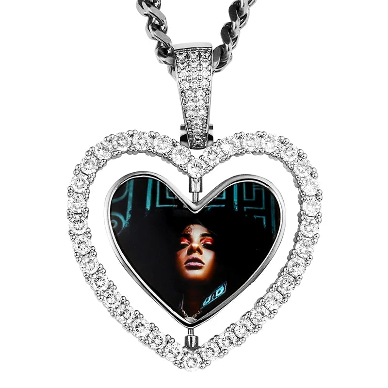 Custom Photo Pendant Necklace Heart Medallions Cubic Zirconia Rotating Double-Sided Custom Photo Gift For Mens Hip Hop Jewelry