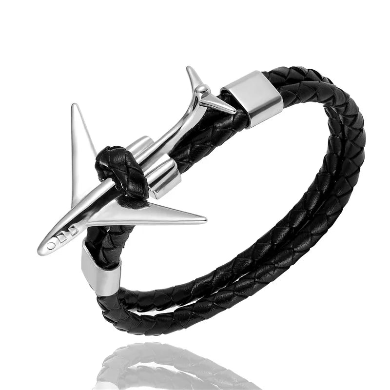 MKENDN Fashion Retro Leather Bracelet Stainless Steel Airplane Anchor Bracelets Men Women Summer Style Wrap Metal Sport Hook