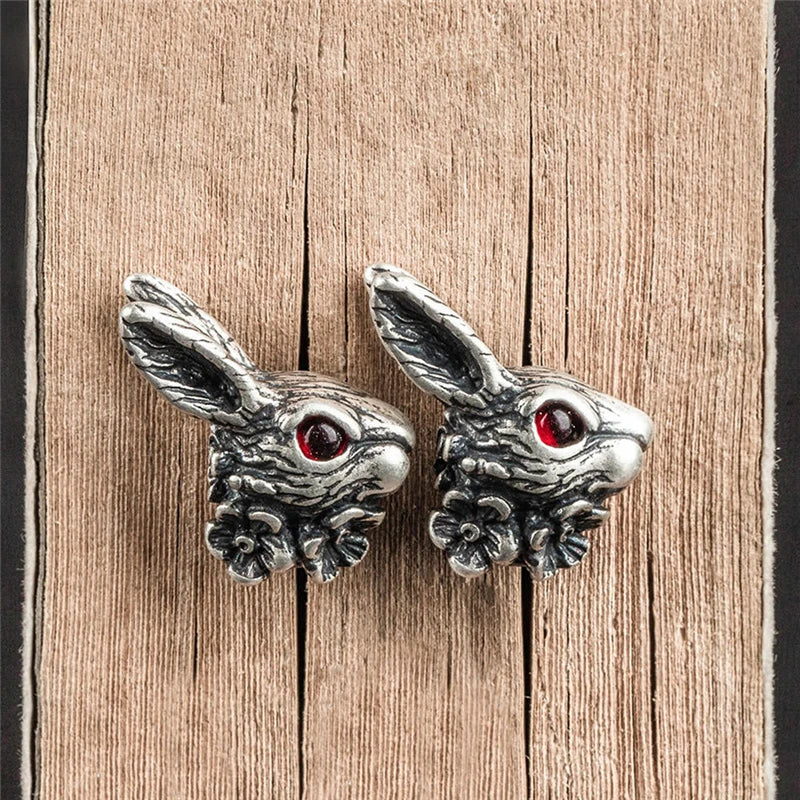 MKENDN Punk Vintage 100% 925 Sterling SIlver Red Eye Rabbit Stud Earring Men Women Gothic Dark Jewelry
