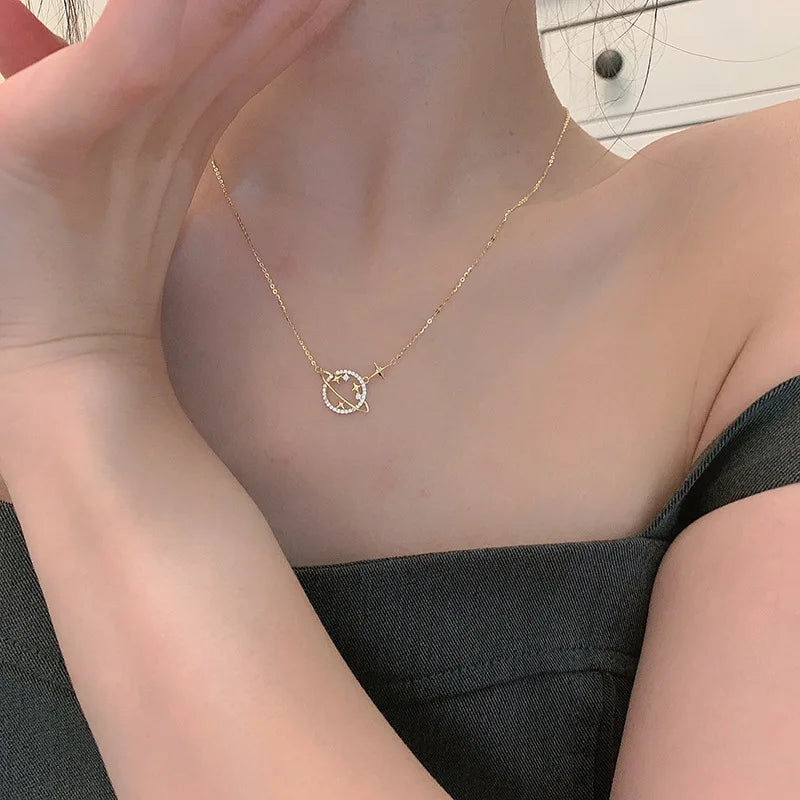 925 Sterling Silver Simple Diamond Gold Planet Pendant Necklace Women Fashion Wedding Party Jewelry Accessories