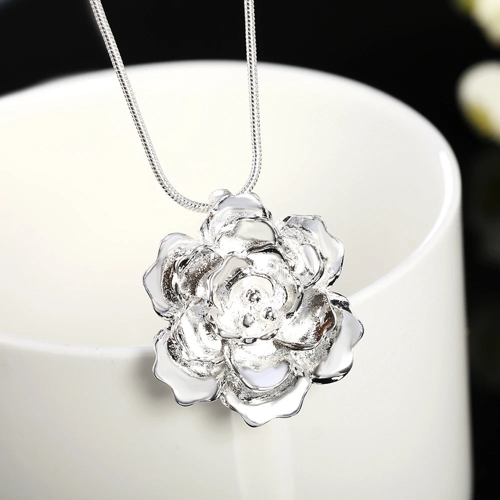 DOTEFFIL 925 Sterling Silver 16-30 Inch Snake Chain Flower Pendant Necklace For Women Fashion Wedding Party Charm Jewelry