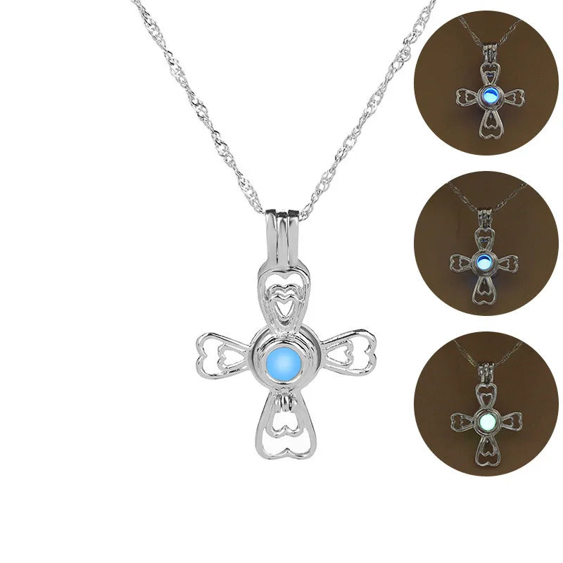 Glow in The Dark Locket necklace For Women Gun skull Heart mermaid Cross tortoise Glowing beads cage pendant Fashion Jewelry