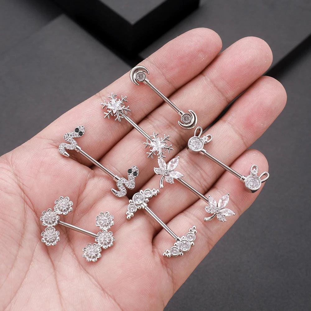 2PCS Rabbit Nipple Rings Crystal Steel Heart Snake Piercings Women Nipple Barbell Breast Shield Cover 14G Body Piercings Jewelry