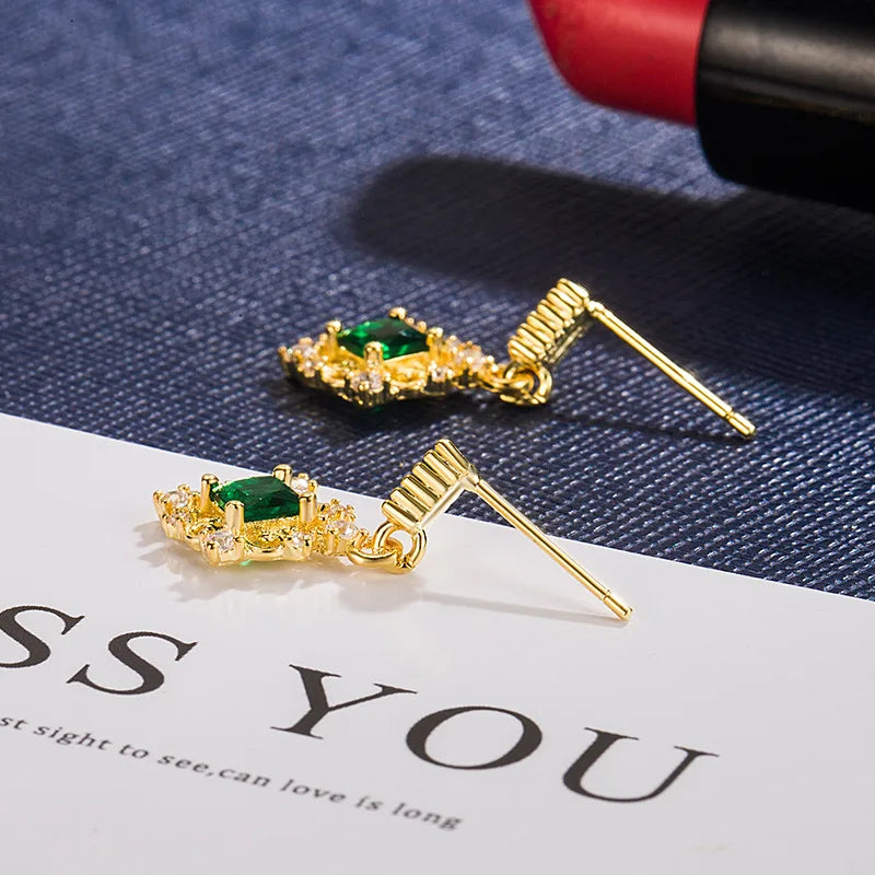 14K Yellow Gold Jewerly Drop Earring for Women Orecchini Aretes De Mujer Real Gold Jewelry Vintage Emerld Gemstone Drop Earrings