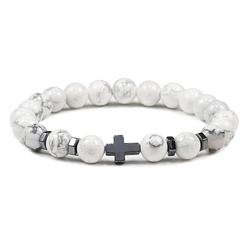 Prayer Men Natural Stone Wood Beads Rosary Hematite Cross Bracelets Onyx Meditation Bracelet Women Yoga Jewelry Homme Pulsera