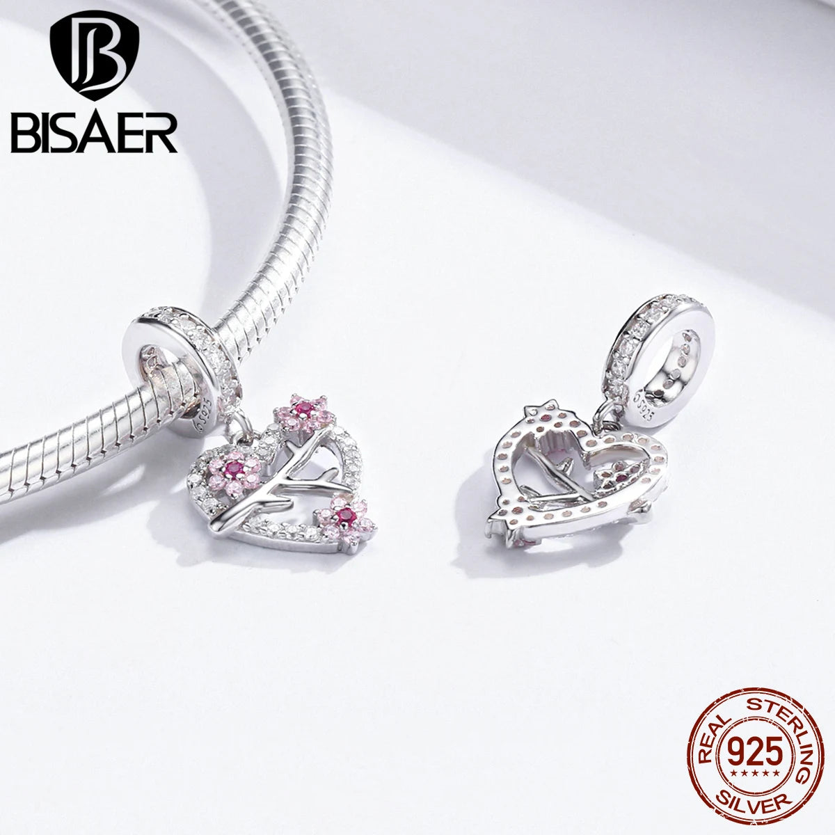 BISAER Cadeau de Noël 100% 925 Argent Sterling Perles de Fleur de Prunier Fleur Rose Zircon Charm Fit Bracelet Fabrication de Bijoux DIY