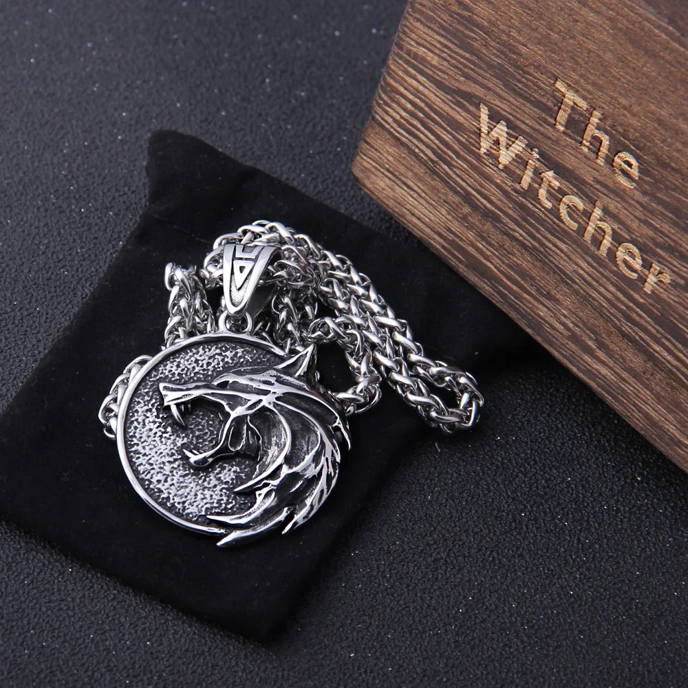 the Wizard wolf head pendant necklace for Geralt with a The Wild Hunt 3 Figure TV