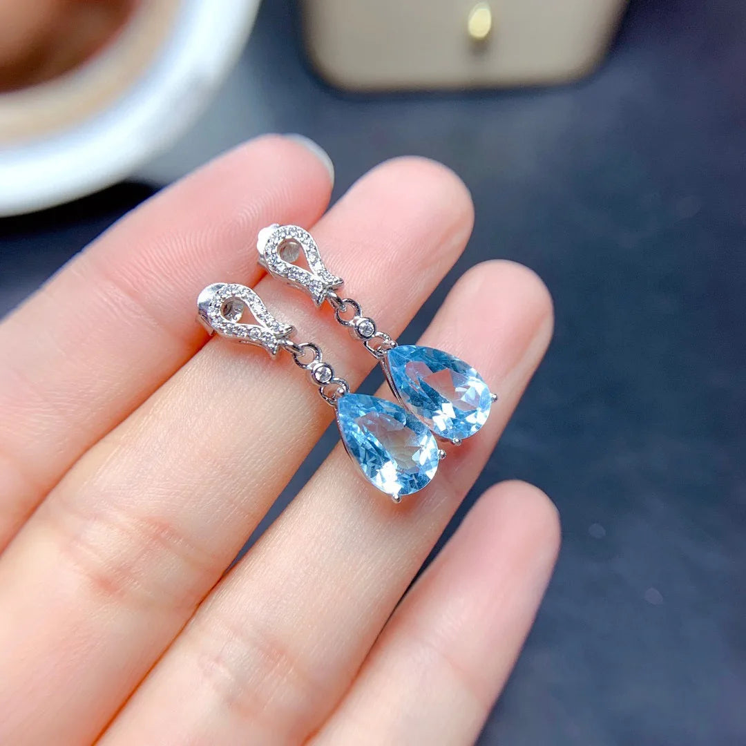 Vintage Bule Topaz Dangle Earrings for Party Romantic Women's Accessories Birthday Gift High Quality S925 Dainty Earring Jewelry