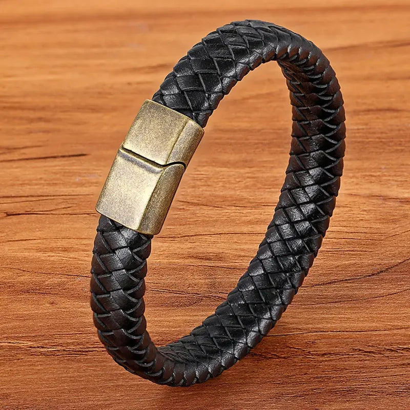 TYO Fashion Stainless Steel Charm Magnetic Black Men Bracelet Leather Genuine Braided Punk Rock Bangles Jewelry Accessories - Madeinsea©