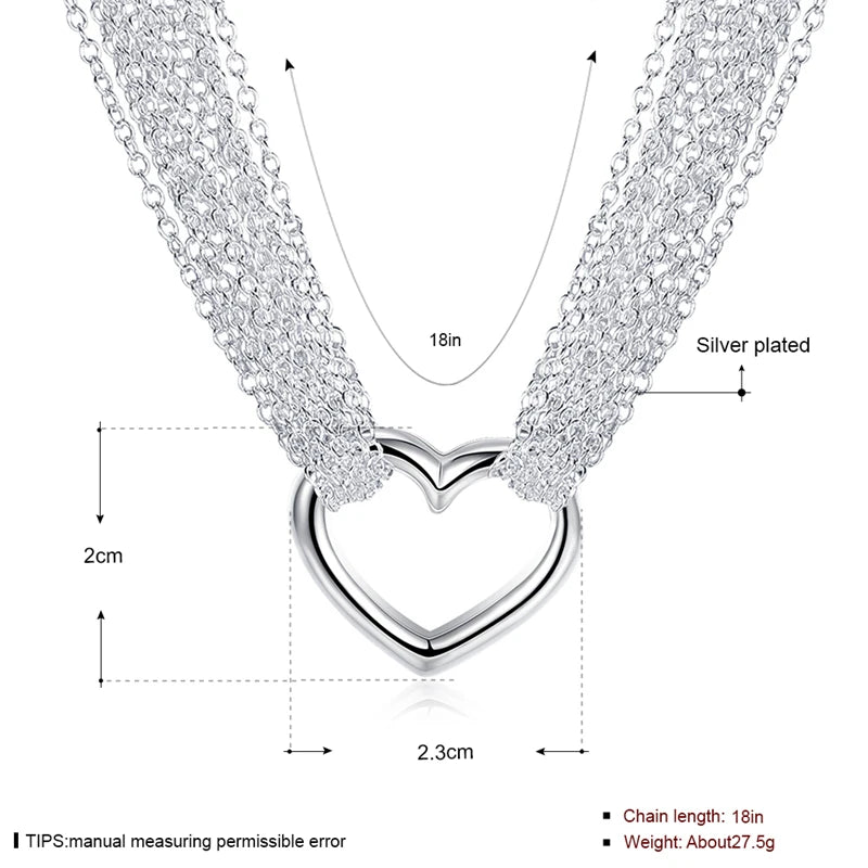 DOTEFFIL 925 Sterling Silver Multi-Line Chain Heart Necklace Bracelet Network Ring  For Women Wedding Engagement Party Jewelry