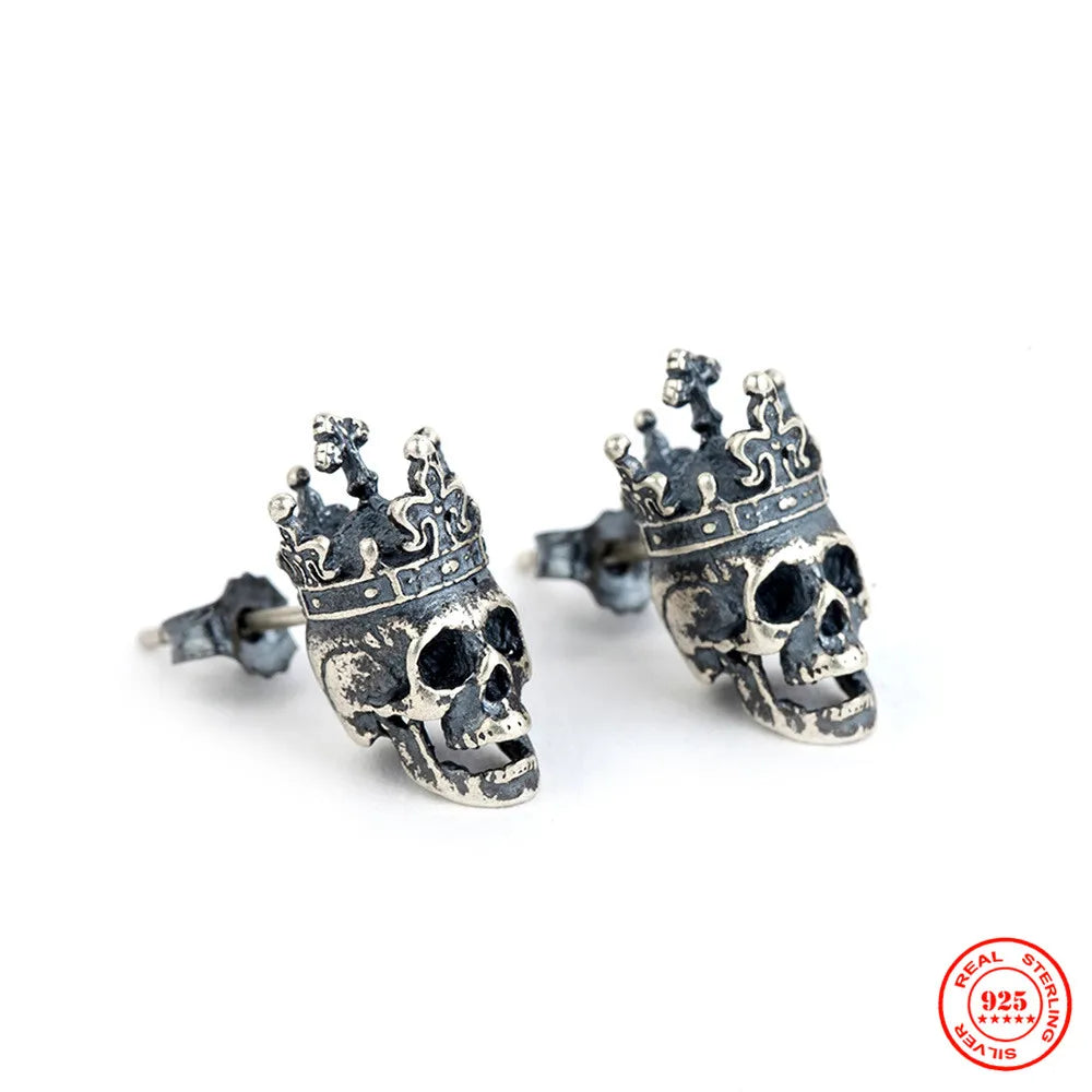 MKENDN 100% 925 Sterling Silver Creative Retro Skull King Crown Stud Earring Punk Gothic Style Ear Pin for Men Women Ear Jewelry