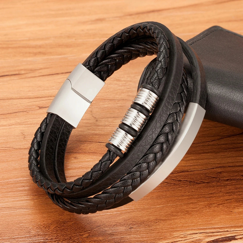 Bracelet TYO neuf en acier inoxydable noir multicouche en cuir véritable pour homme, fermoir magnétique, style vintage tressé